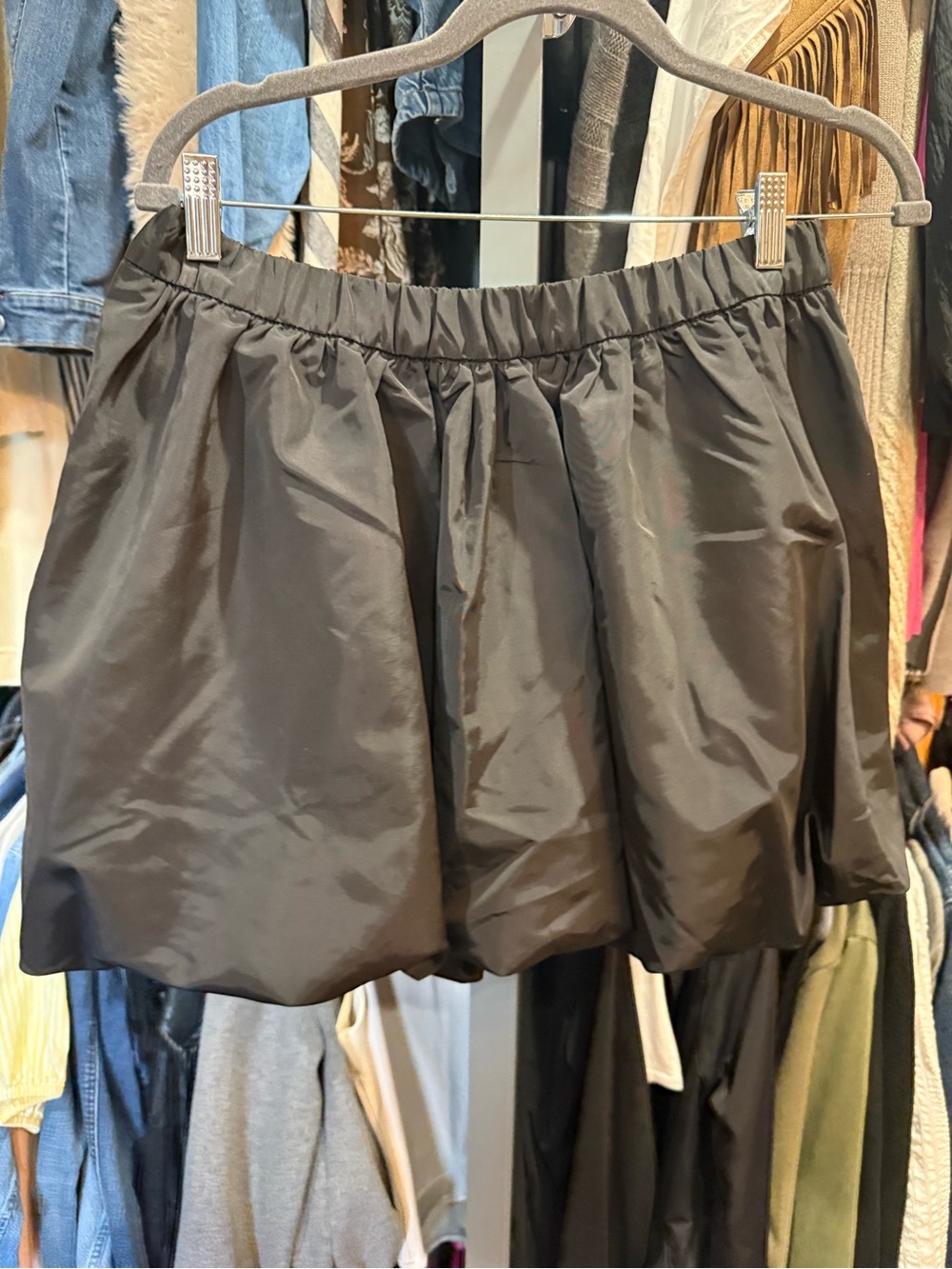 Express Black Satin Bubble-Hem Mini Skirt